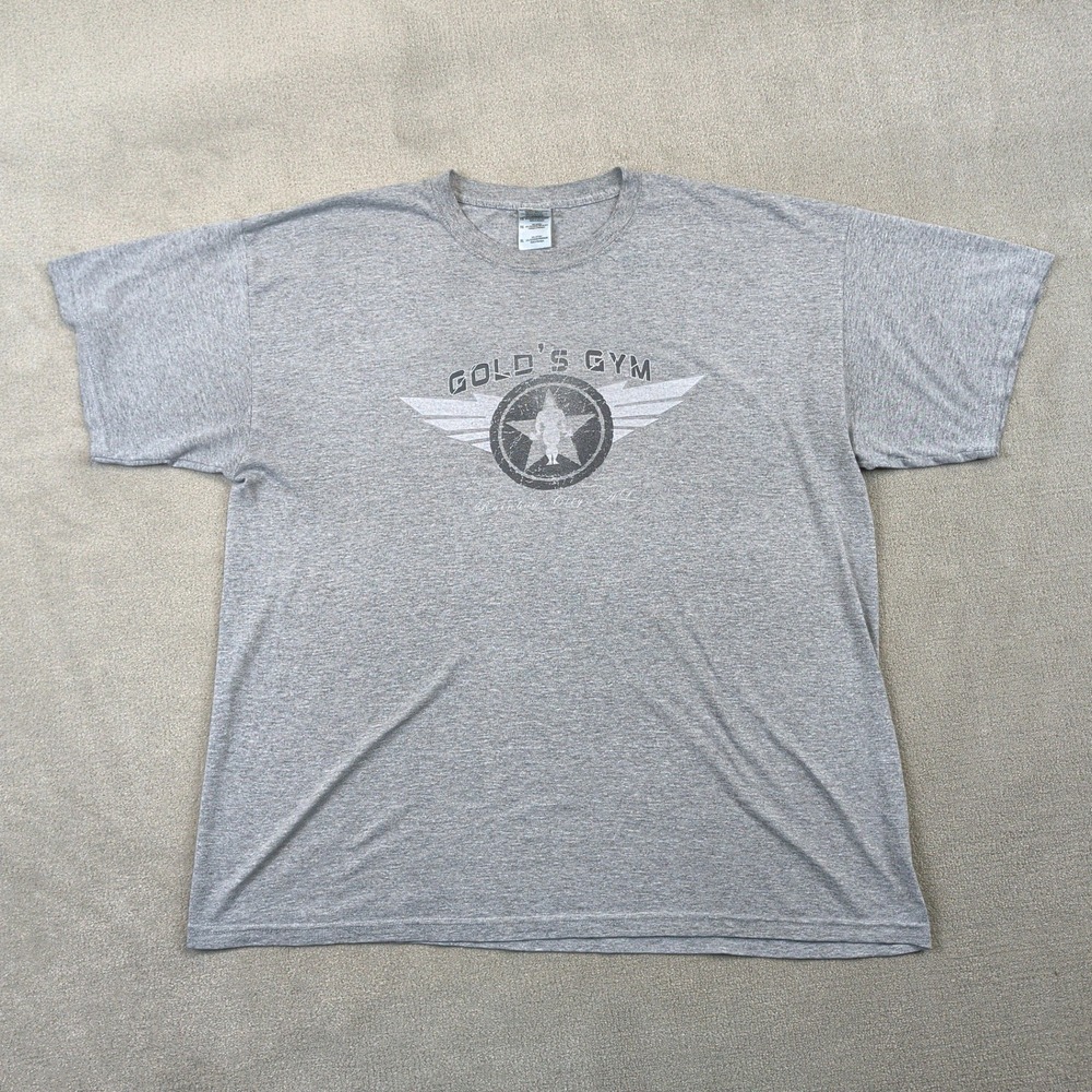 Golds Gym Graphic T-Shirt Mens XL Gray Distressed Logo Y2K Cotton Blend Workout